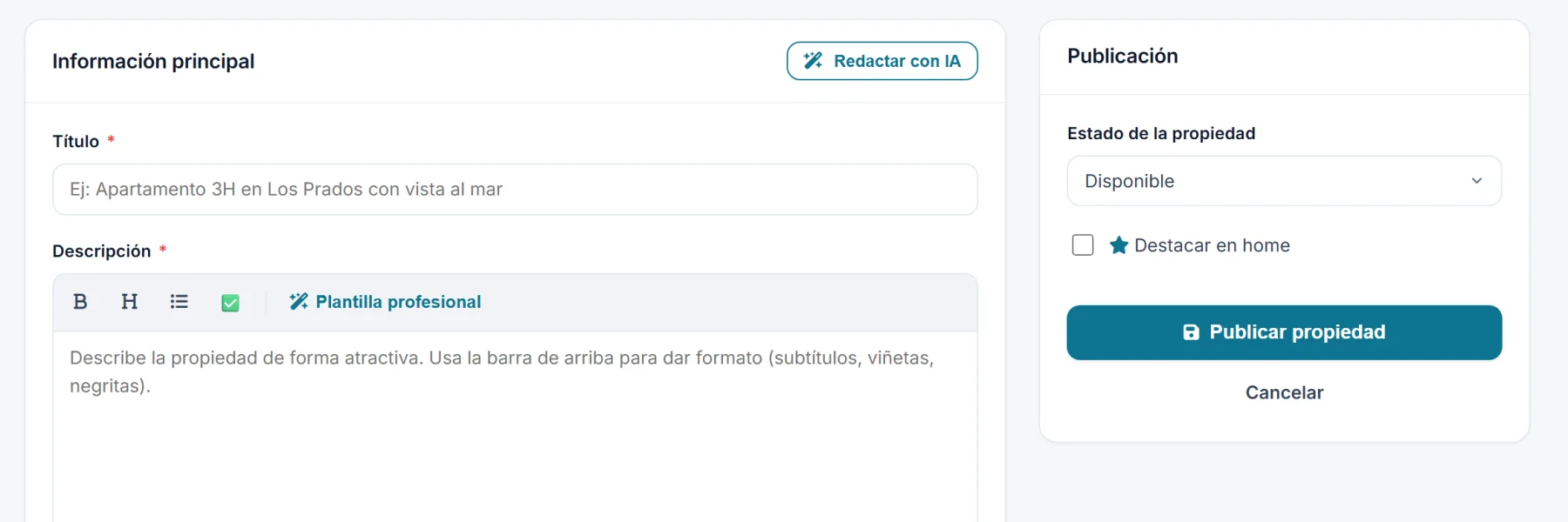 Formulario de nueva propiedad del CRM, con el botón «Redactar con IA» junto al encabezado de Información principal.