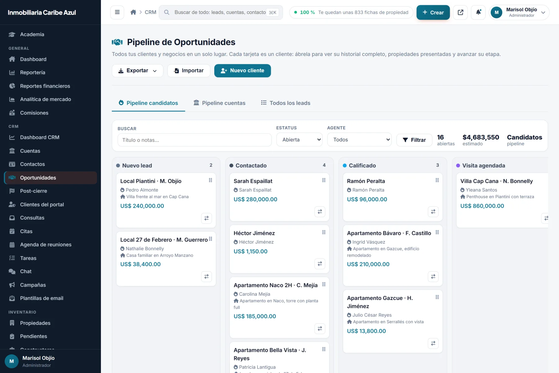 Pipeline de oportunidades del CRM, con las etapas Nuevo lead, Contactado, Calificado y Visita agendada, y el monto estimado del embudo.