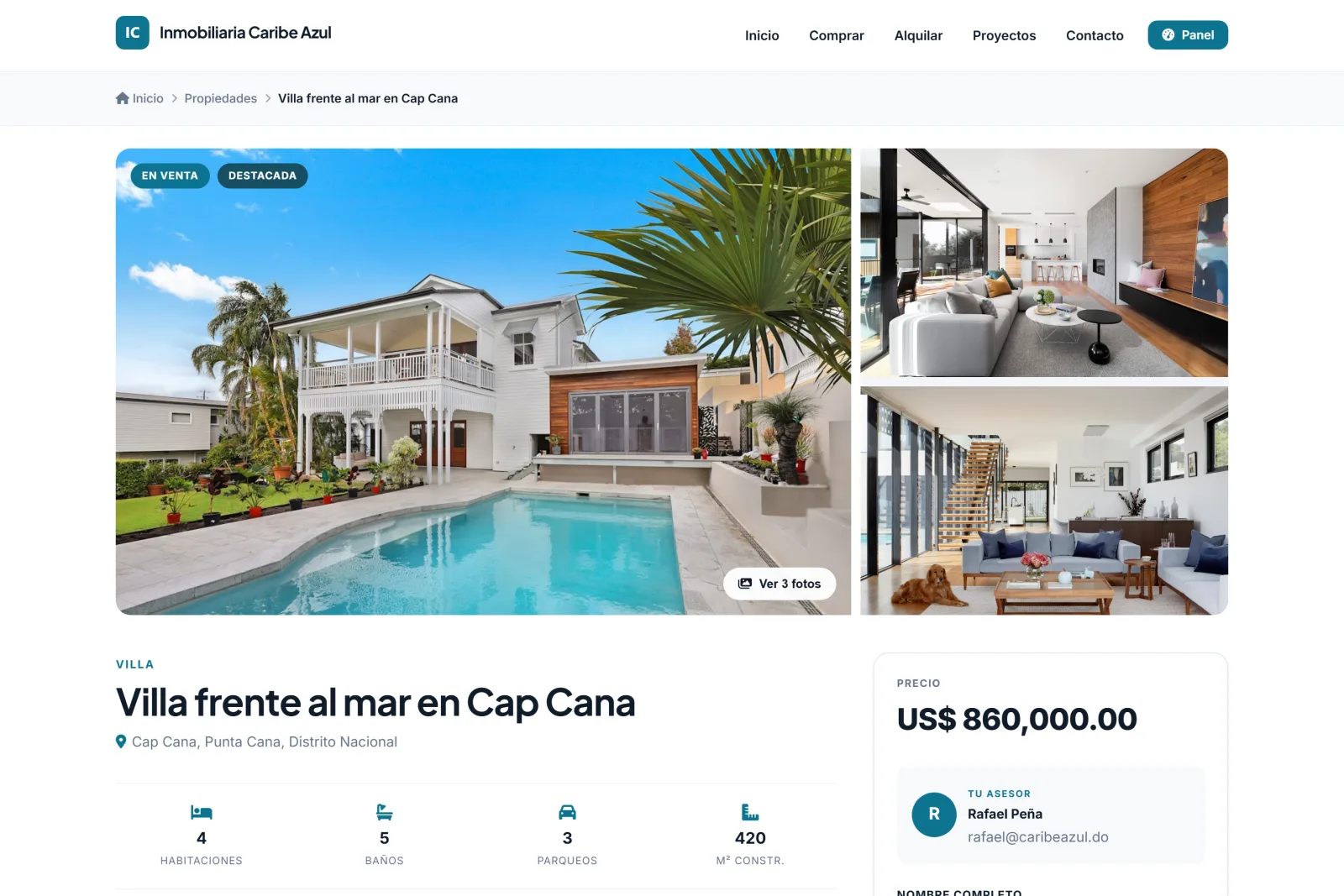 Ficha de una propiedad en el portal público, con galería de fotos, habitaciones, baños, parqueos, metros construidos, precio y el asesor asignado con su formulario de contacto.