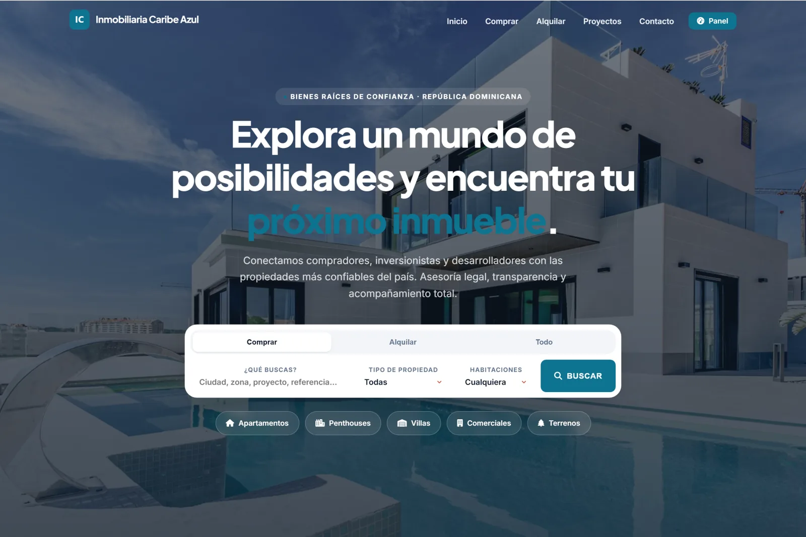 Portal público de una inmobiliaria generado por la plataforma, con su propio nombre, su color de marca y su buscador de propiedades.